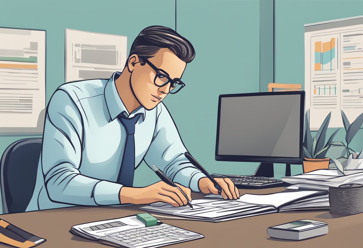 A person inputs financial information into a loan calculator while sitting at a desk with a computer and paperwork