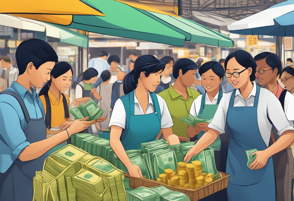 Domestic workers and money lenders in Singapore exchange cash in a bustling market setting