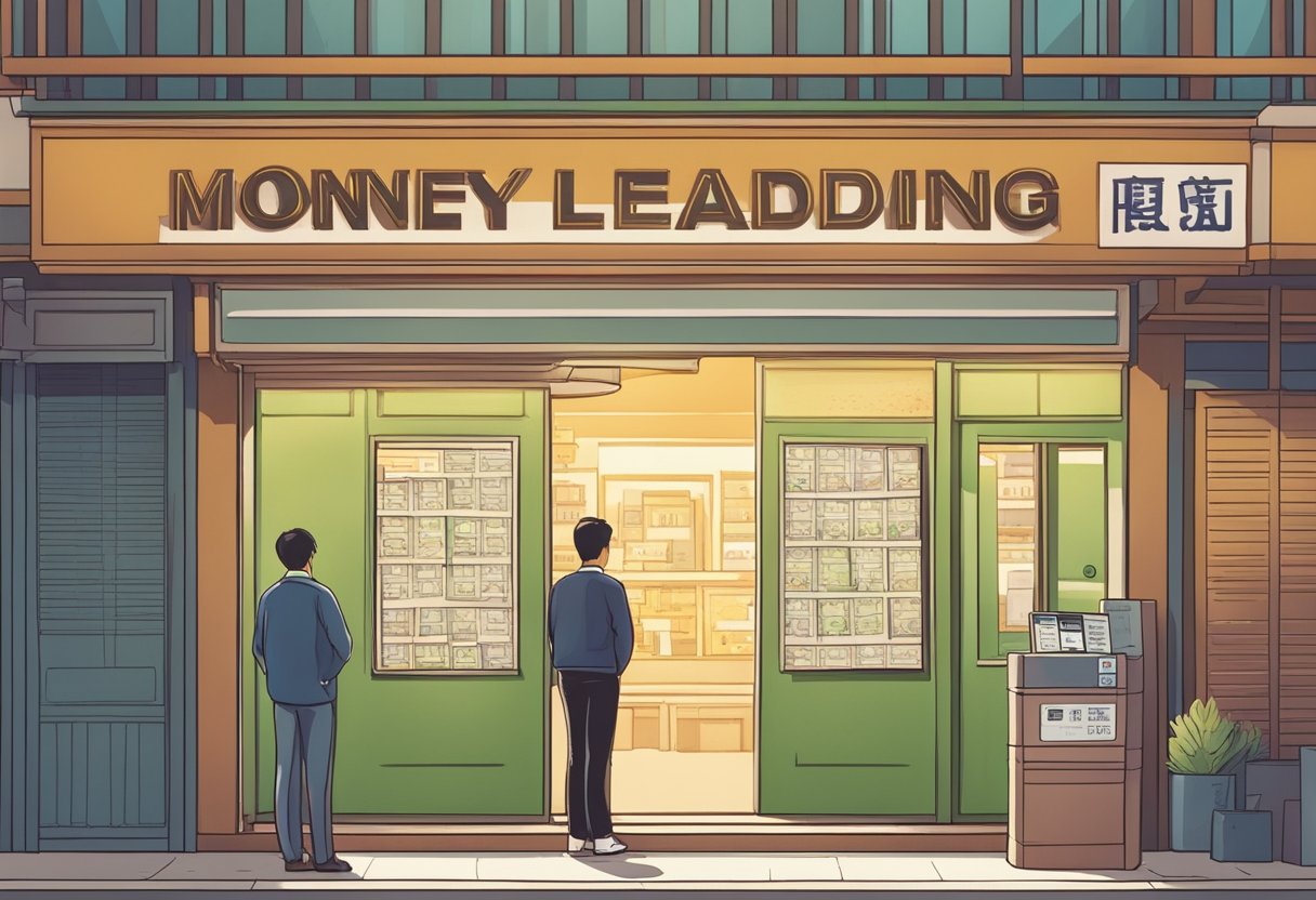 A person standing in front of a money lending office at Chinatown Point, carefully considering their options for a loan provider