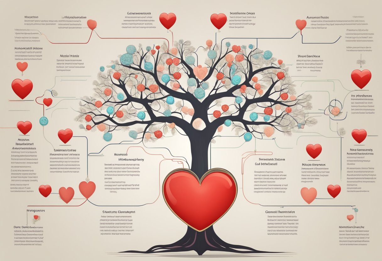 A family tree with branches representing genetic links, and a red heart symbolizing rheumatic heart disease
