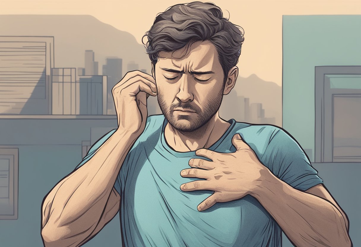 A man clutching his chest in pain, sweating and short of breath, with a look of distress on his face
