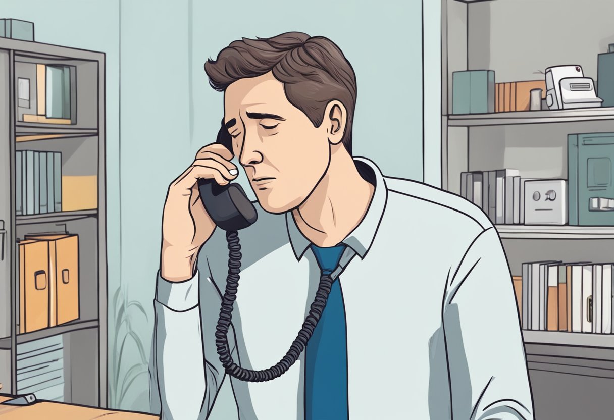 A man experiencing chest pain, shortness of breath, and dizziness. He is reaching for a phone to call for help