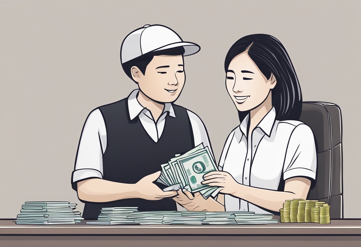 A domestic worker in Singapore hands over her passport and signs a loan agreement with a money lender. The lender counts out cash and hands it to the worker