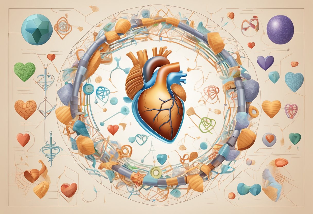 A heart-shaped genetic helix, surrounded by medical symbols, represents understanding of rheumatic heart disease