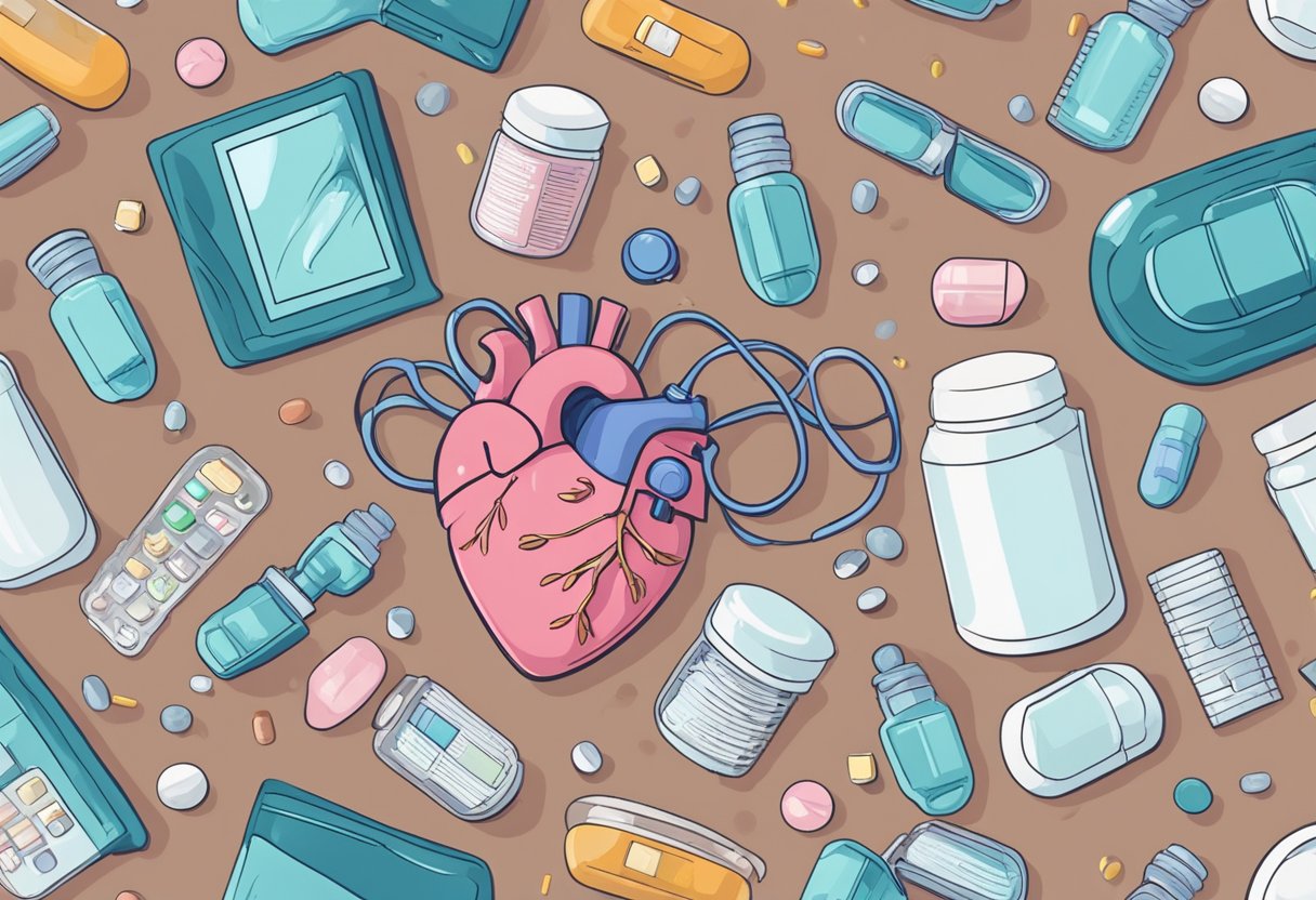 A frail heart struggles, surrounded by medical equipment and pills