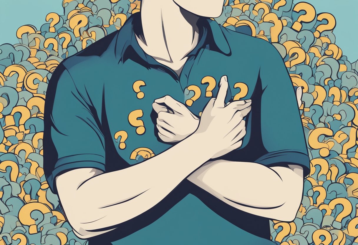A person clutching their chest, with a numb right arm, surrounded by question marks