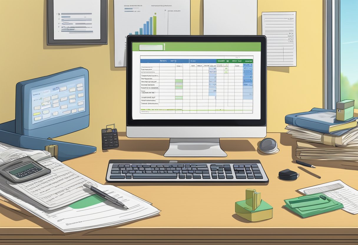 A calculator sits on a desk with a list of frequently asked questions for a money lender displayed on the screen