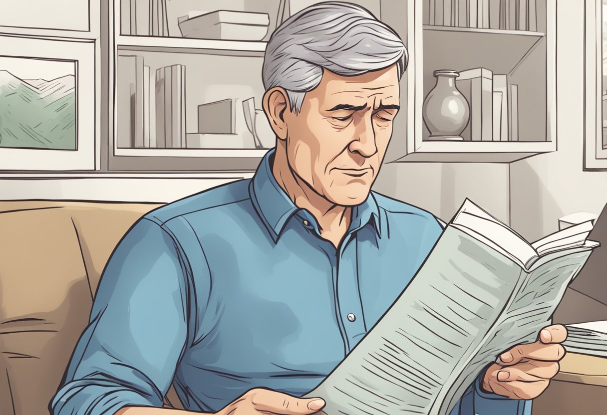 A man in his 50s reading a pamphlet titled "Frequently Asked Questions pre heart attack symptoms male" with a concerned expression on his face