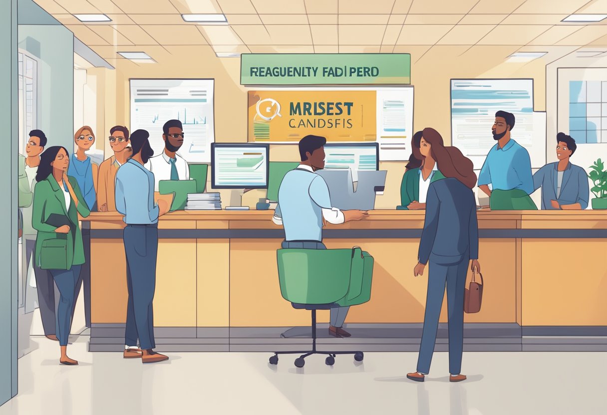 A crowded office with a sign reading "Frequently Asked Questions cheapest personal money lender" above a busy reception desk