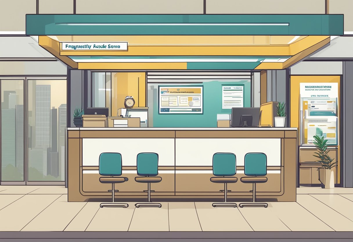 A customer service desk with a sign reading "Frequently Asked Questions" at a licensed money lender in Bedok