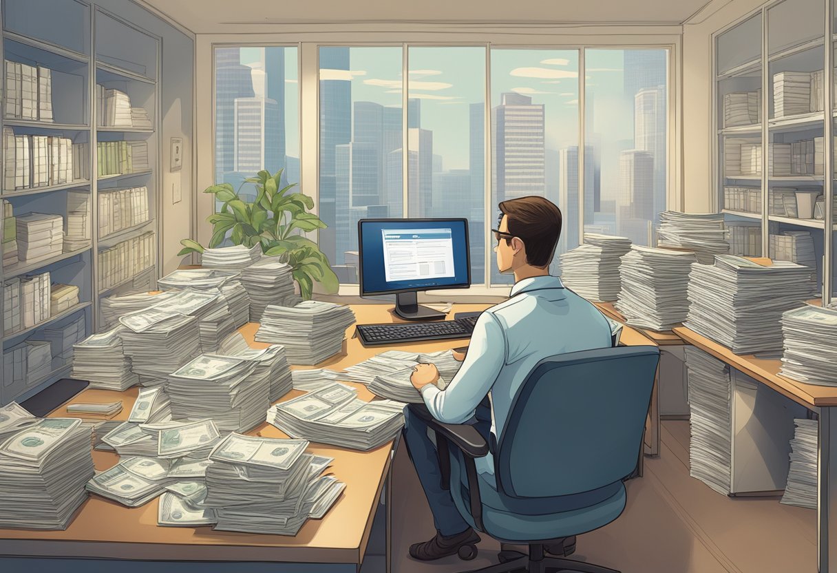 A brightly lit office with a professional-looking individual behind a desk, surrounded by financial documents and a sign indicating "Licensed Money Lender."