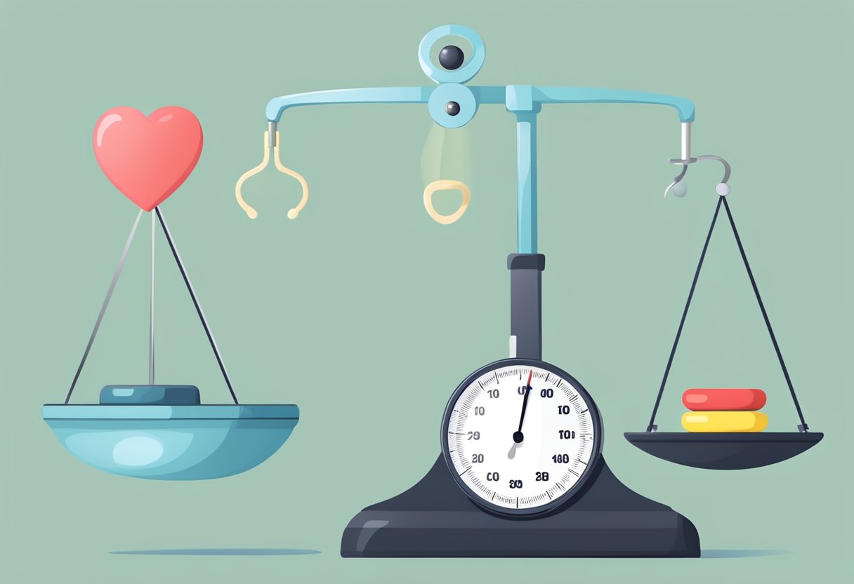 A scale with a low number, a heart with a question mark, and a doctor's stethoscope