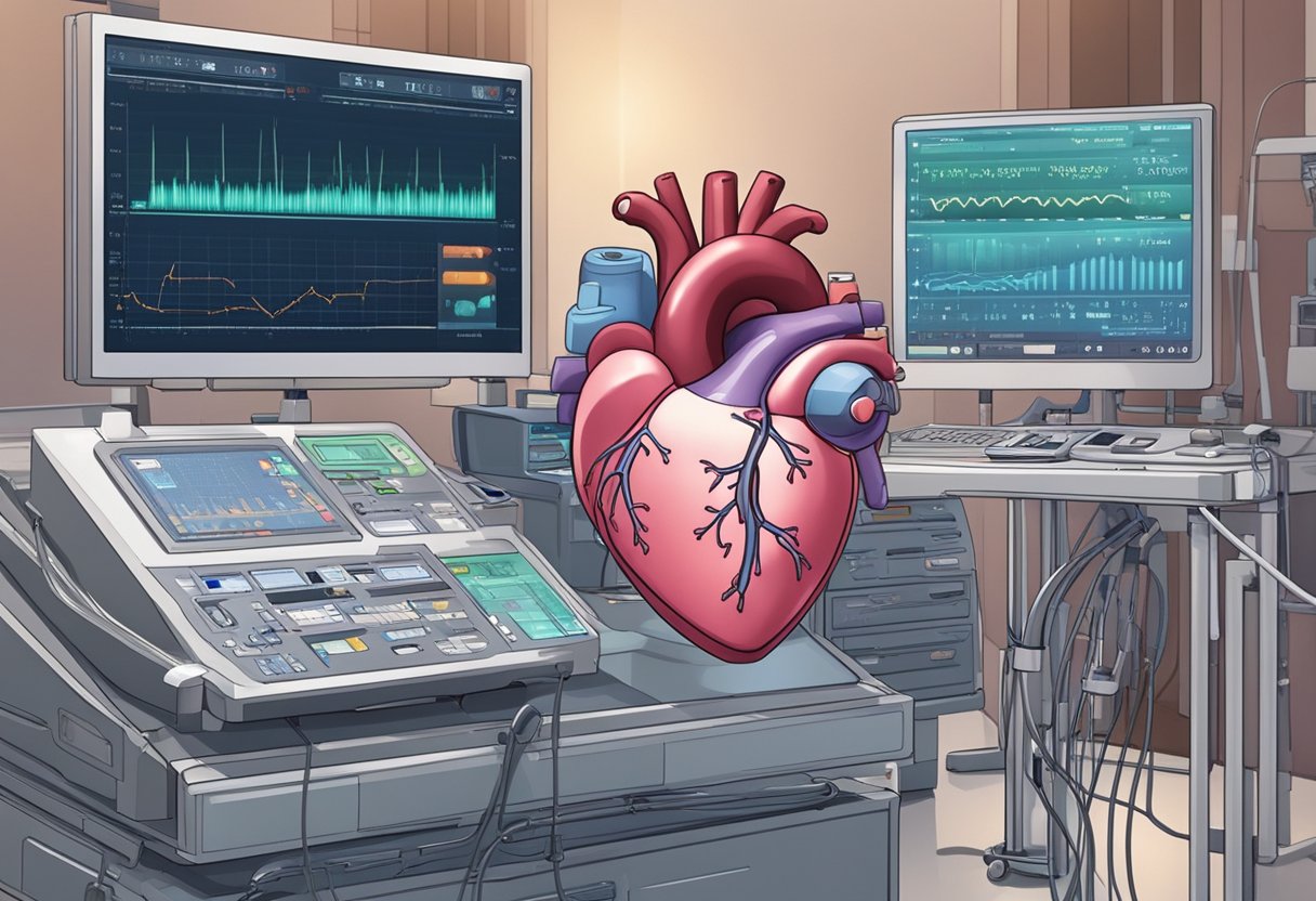 A heart-shaped organ stops pulsating, surrounded by medical equipment and monitors. A flatline appears on the screen, indicating a cardiac event