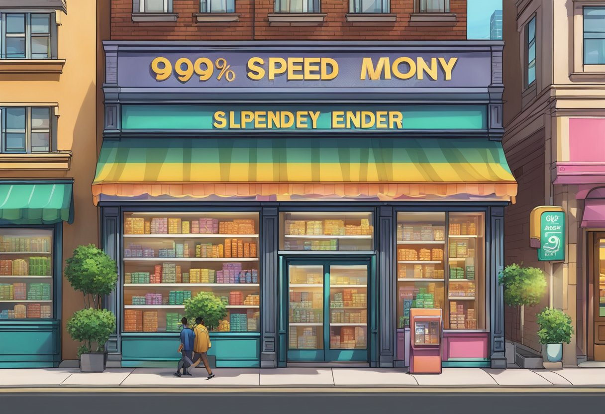 A brightly lit storefront with a large sign reading "99 Speed Money Lender." The building is surrounded by bustling city streets and colorful storefronts