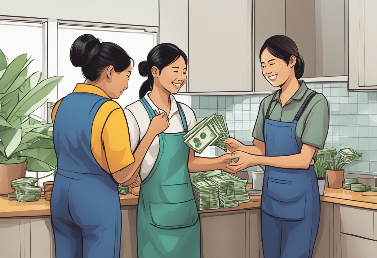 Domestic workers exchanging money with money lenders in a Singaporean household
