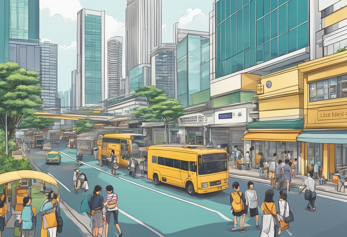A bustling Singapore street with a prominent sign for licensed money lenders, showcasing a mix of traditional and modern financial services
