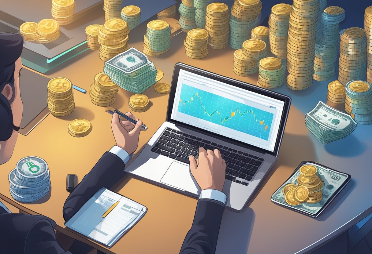 A fintech money lender counting digital currency on a sleek, modern desk