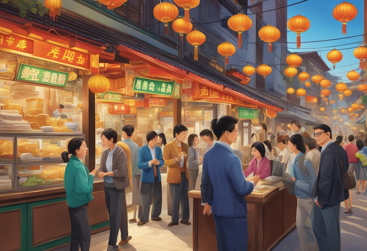 A bustling Chinatown Point money lender answers frequently asked questions from customers in a busy, vibrant setting