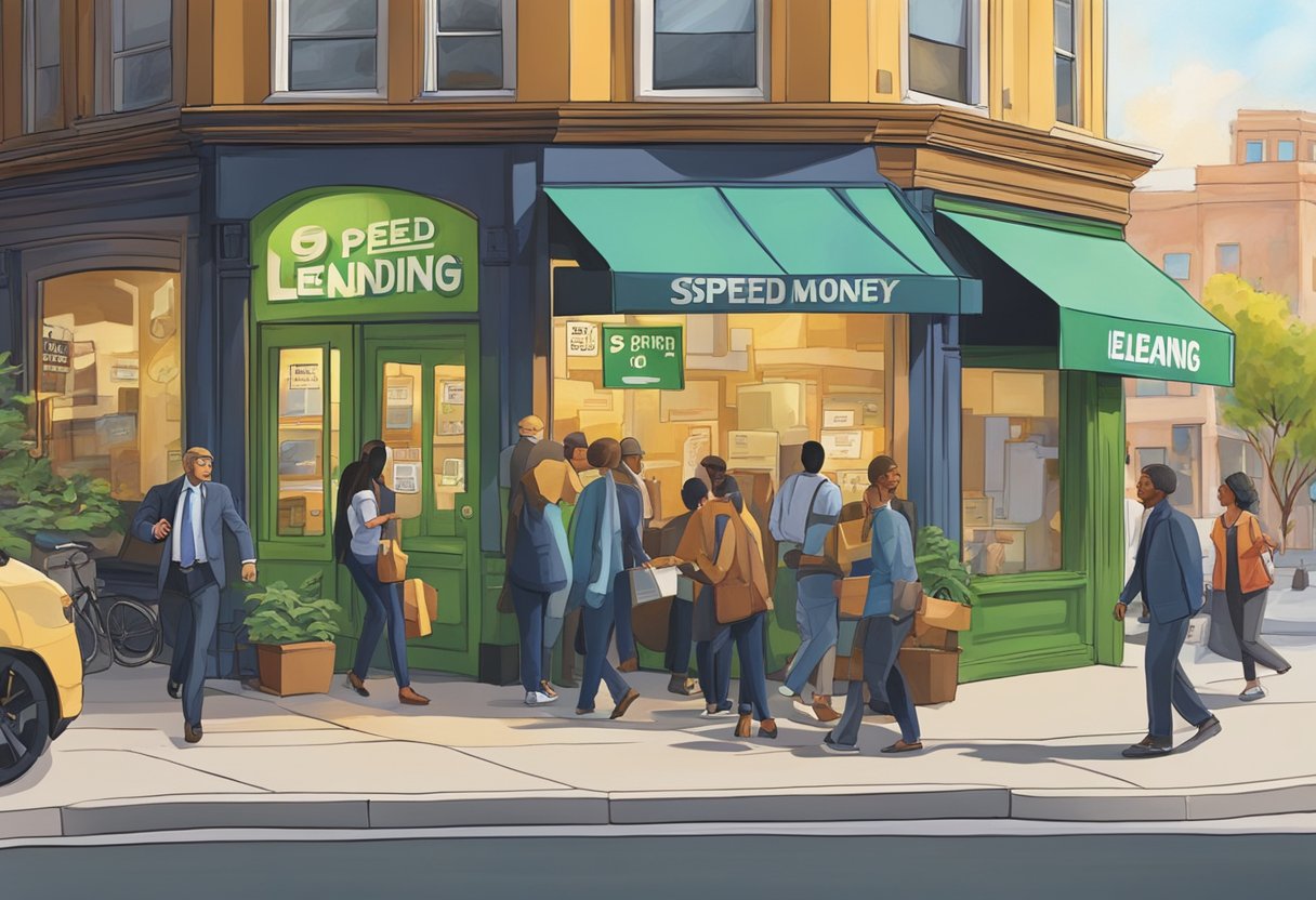 A bustling street corner with a bold sign for "99 Speed Money Lending." People enter and exit the storefront, exchanging cash and paperwork. The scene exudes a sense of urgency and financial transactions