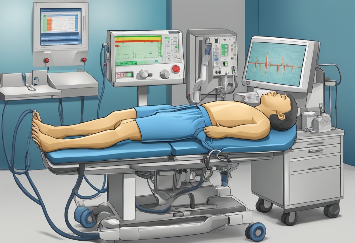 Medical equipment activates, chest compressions begin, and a defibrillator is used to shock the heart back into rhythm