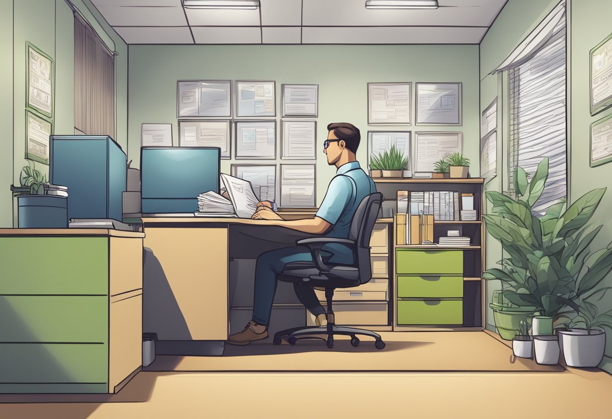 A money lender's office with a sign asking for IC, a desk with paperwork, and a person filling out forms