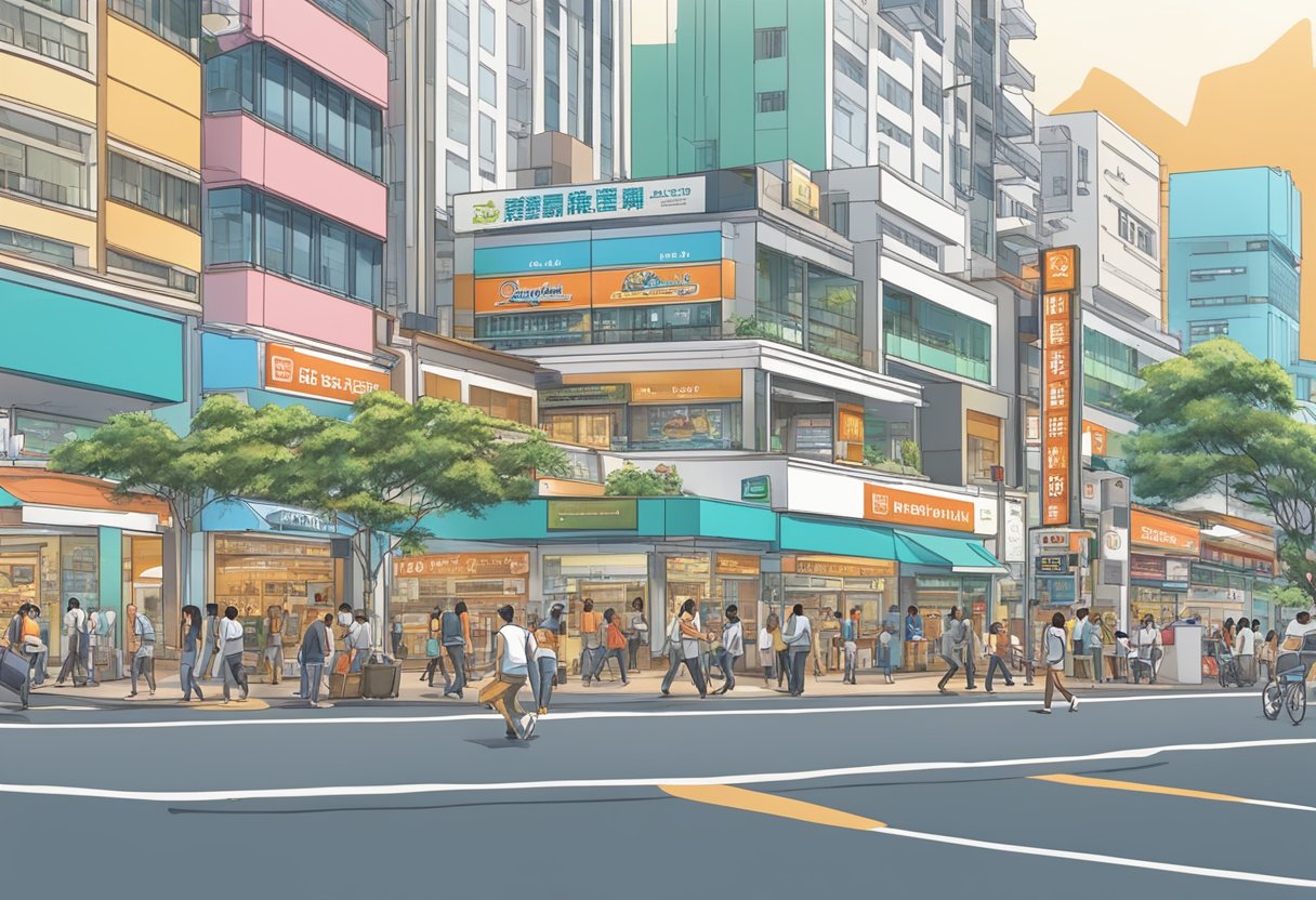 A bustling street with a prominent sign for "Bedok Central Money Lender" surrounded by various shops and pedestrians