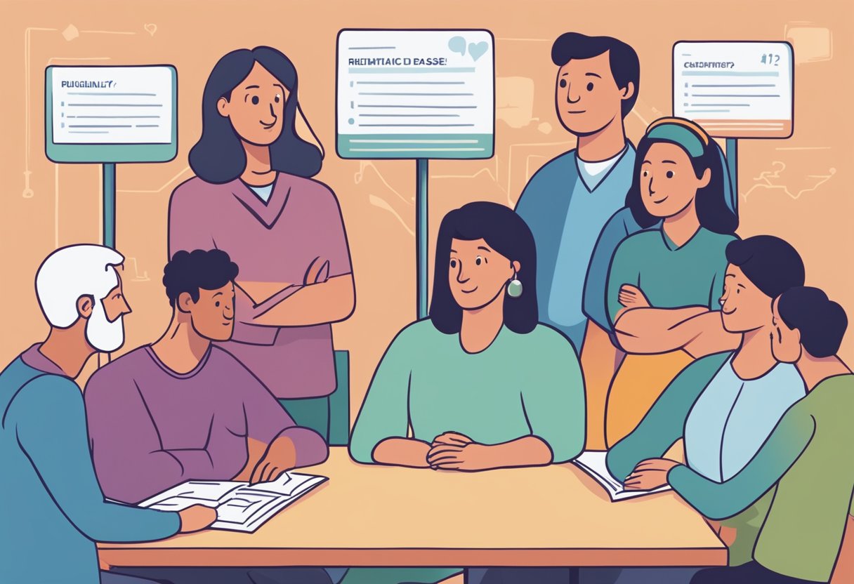 A group of people gathered around a sign that reads "Frequently Asked Questions: Is rheumatic heart disease genetic?" with puzzled expressions on their faces