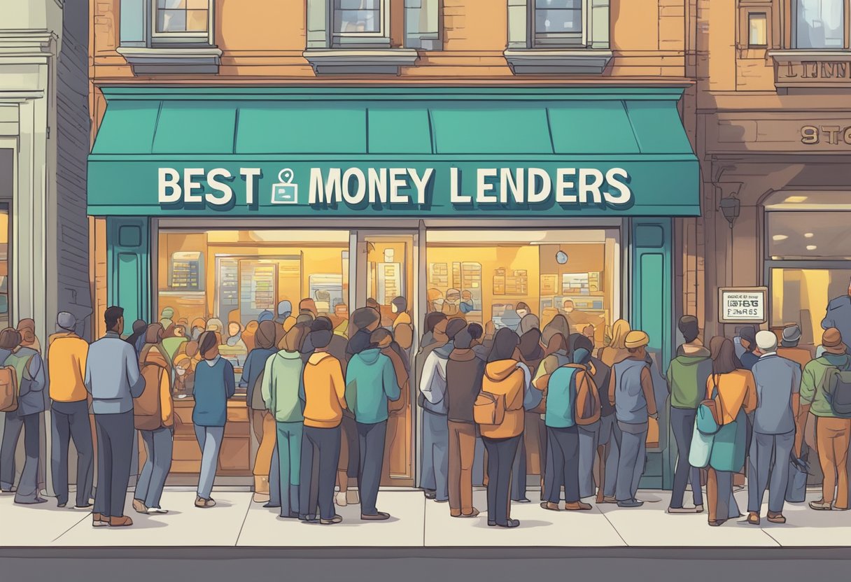 People eagerly queue at a storefront with "Best Quick Money Lenders" sign. A busy street bustles in the background