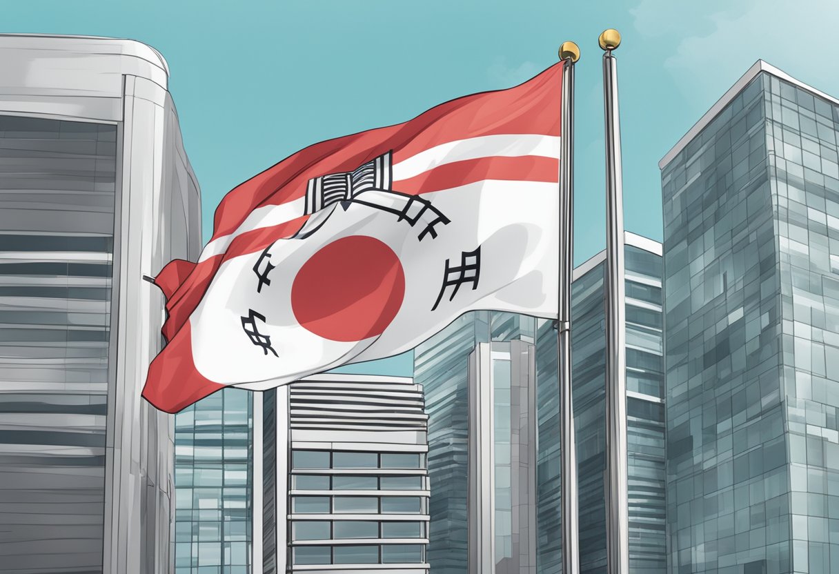 A Singaporean flag flying high above a modern office building with the words "Licensed Money Lending" prominently displayed