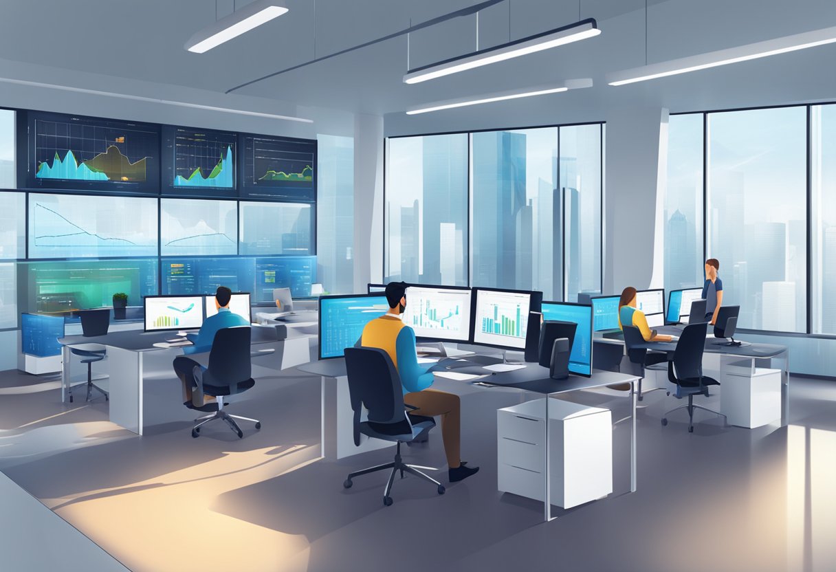 A modern office with digital screens displaying financial data and charts, while employees work on computers and discuss loan applications