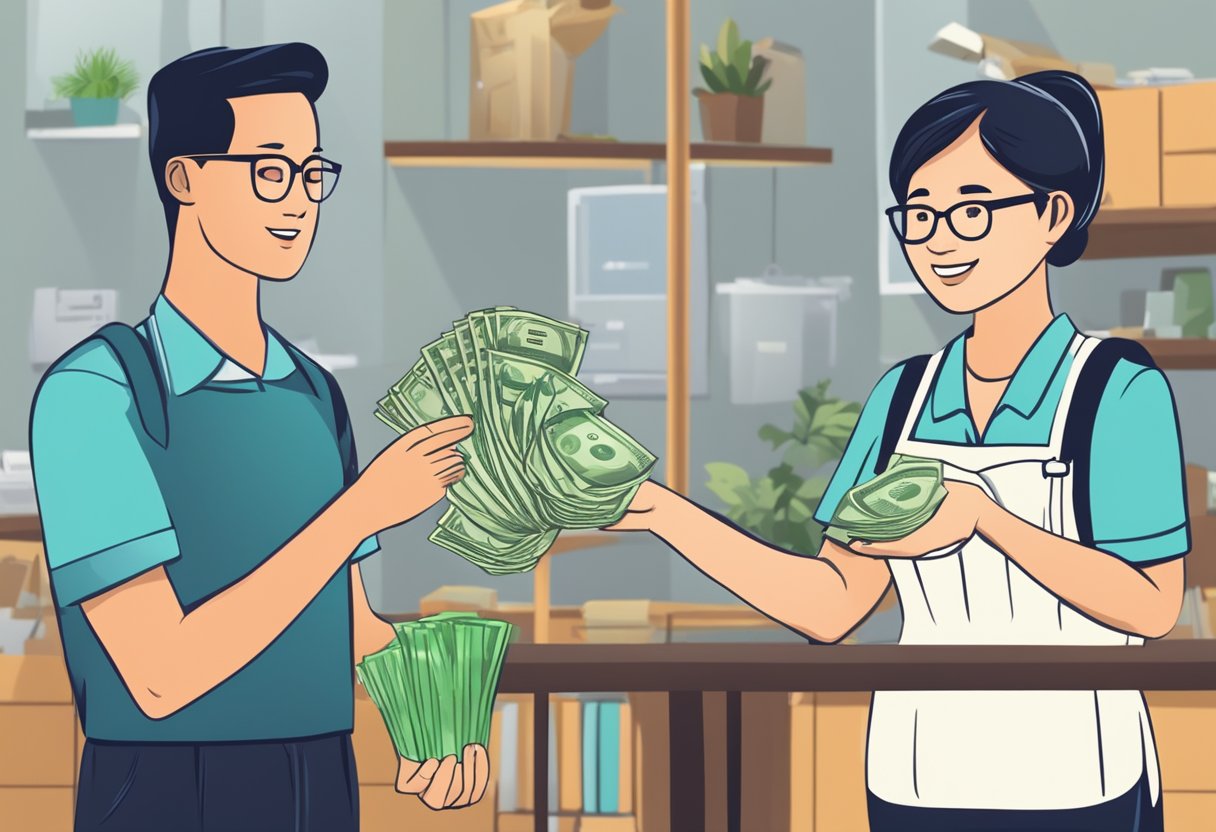 A domestic worker in Singapore handing money to a money lender, surrounded by frequently asked questions about their financial transactions