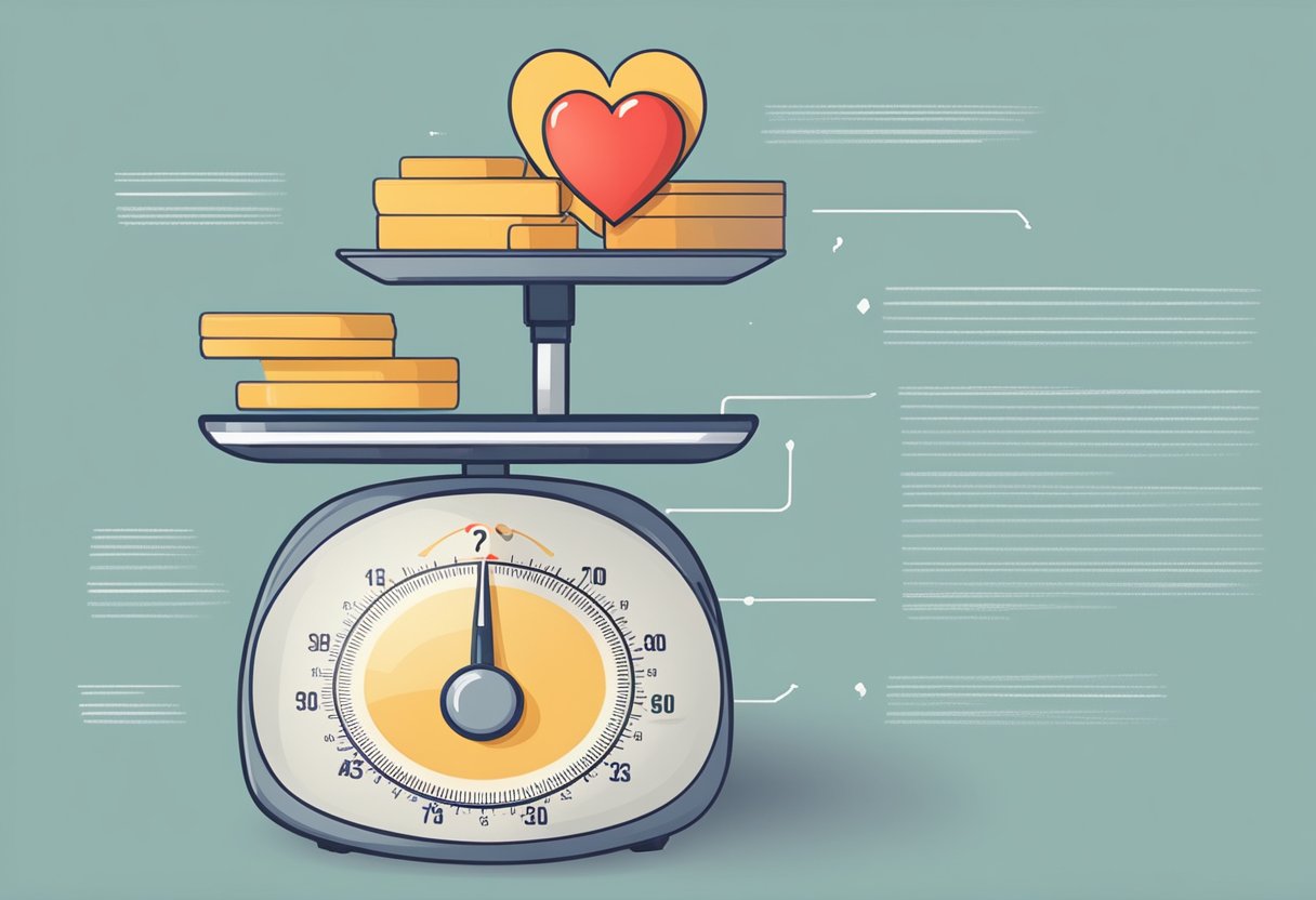 A scale with a low reading, a heart with a warning sign, and a list of common questions about underweight and heart problems