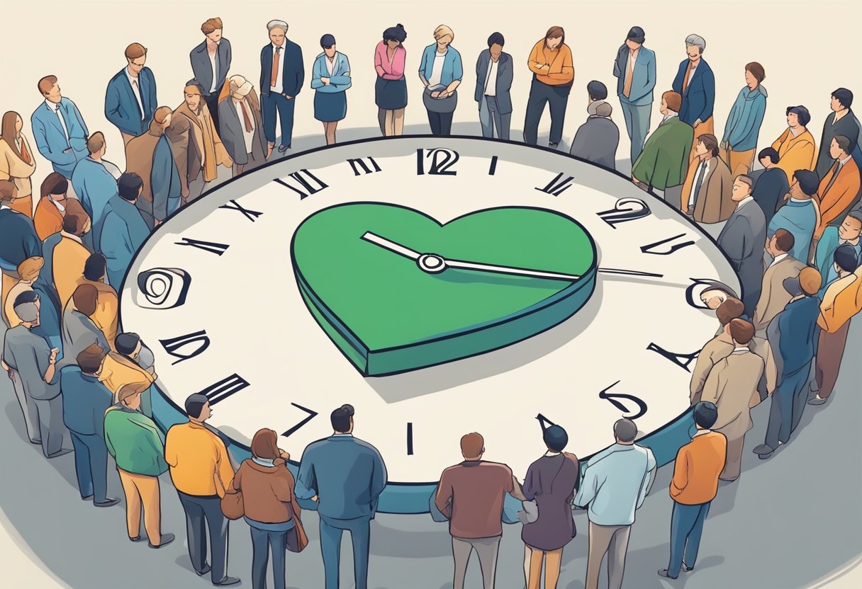 A heart-shaped clock stops ticking, surrounded by a circle of concerned onlookers