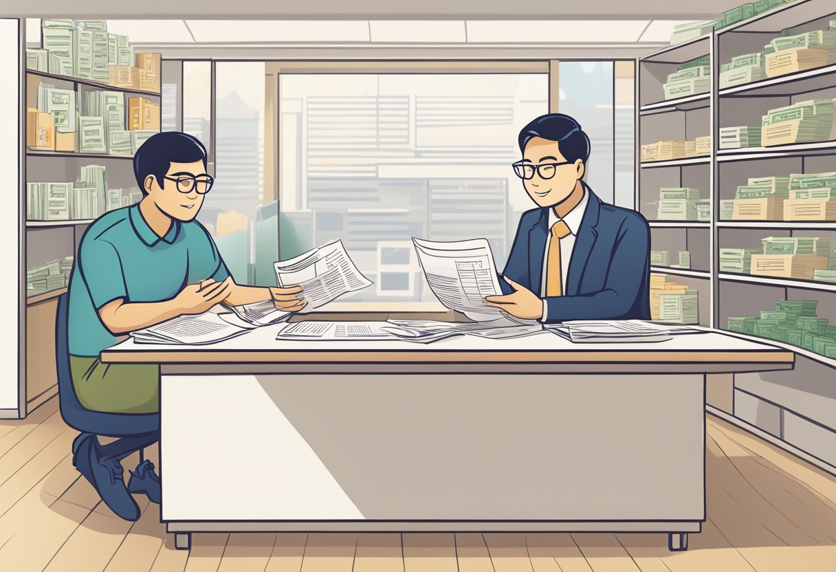 A money lender in Bedok Central explains lending process to a customer, with loan documents and cash on the table