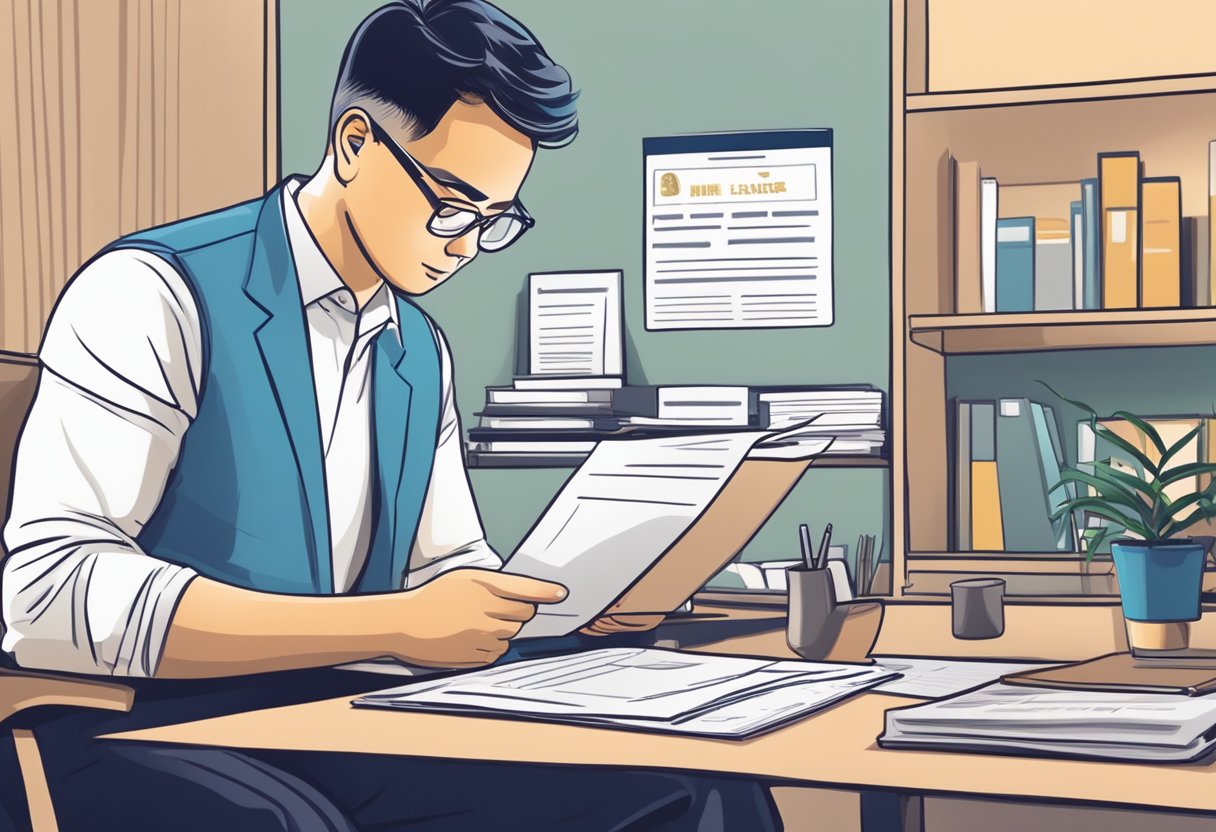 A person applying for a money lender license in Singapore fills out paperwork while consulting the licensing framework