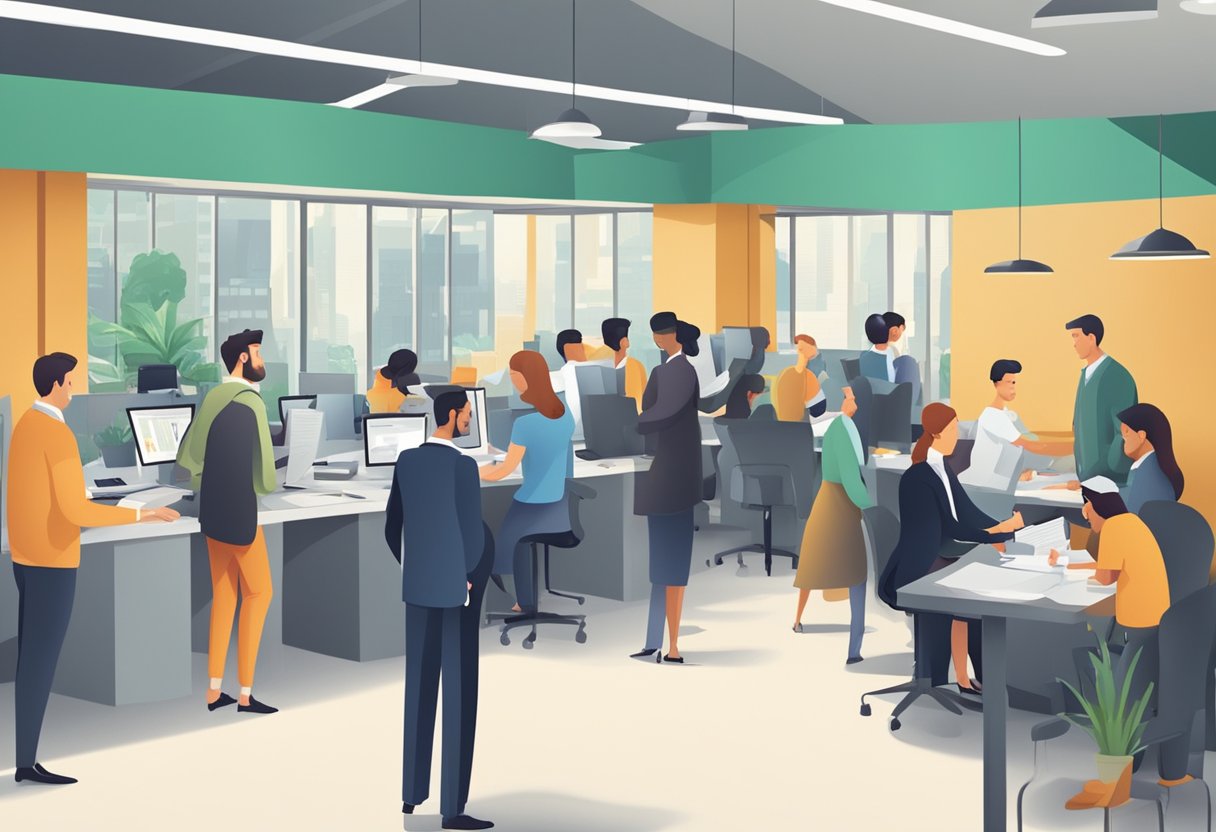 A busy office with people queuing, signing papers, and exchanging money with Quick Money Lenders