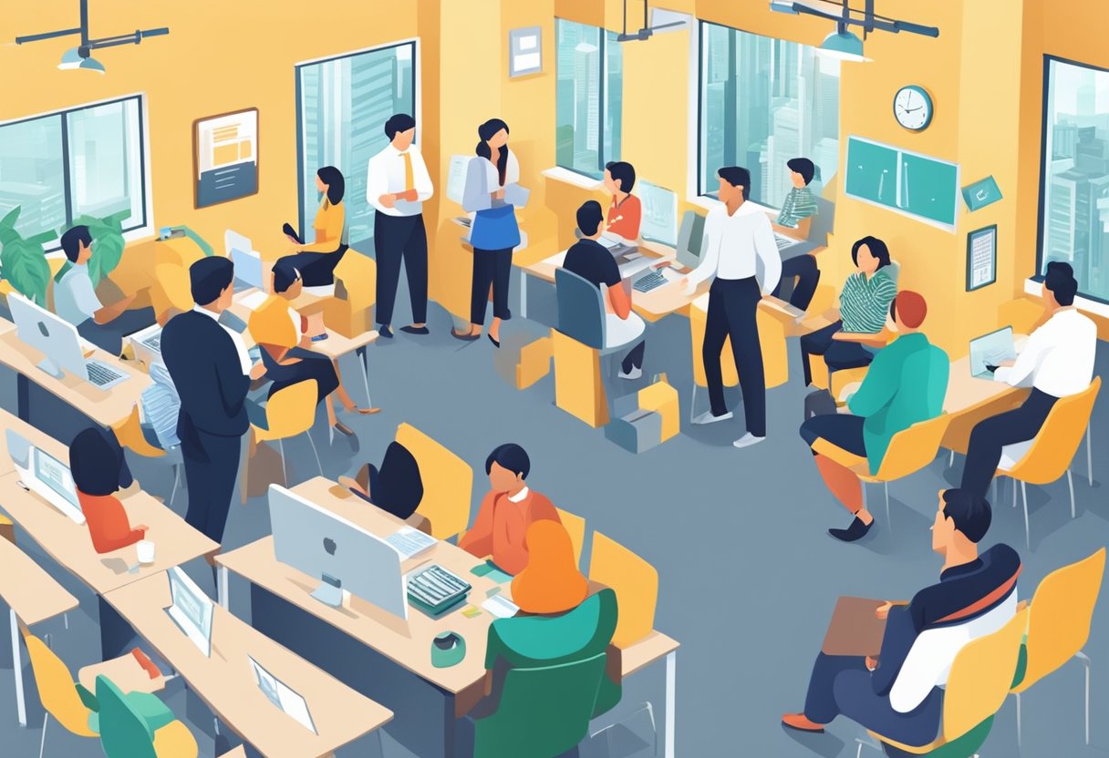 A crowded office with a sign reading "Frequently Asked Questions" and a line of people waiting to speak with licensed money lenders in Singapore