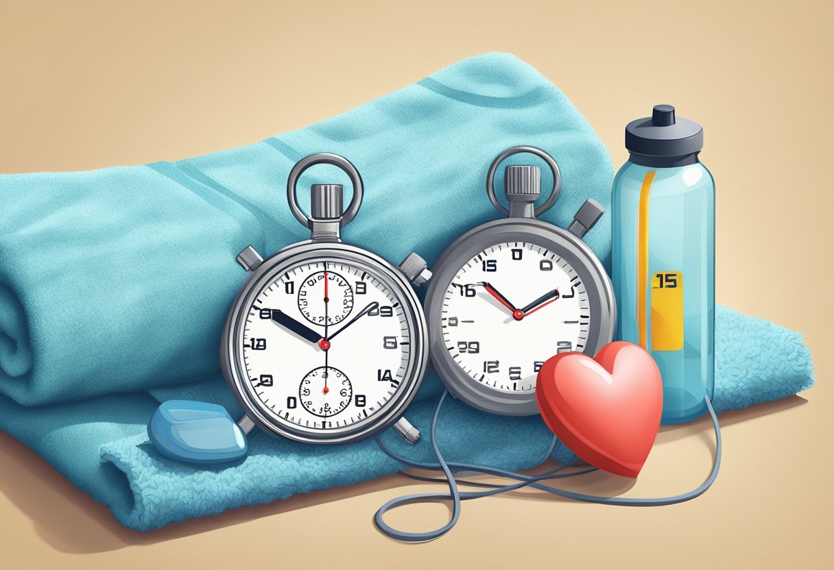A stopwatch sits beside a water bottle and a towel, indicating a marathon runner's resting heart rate