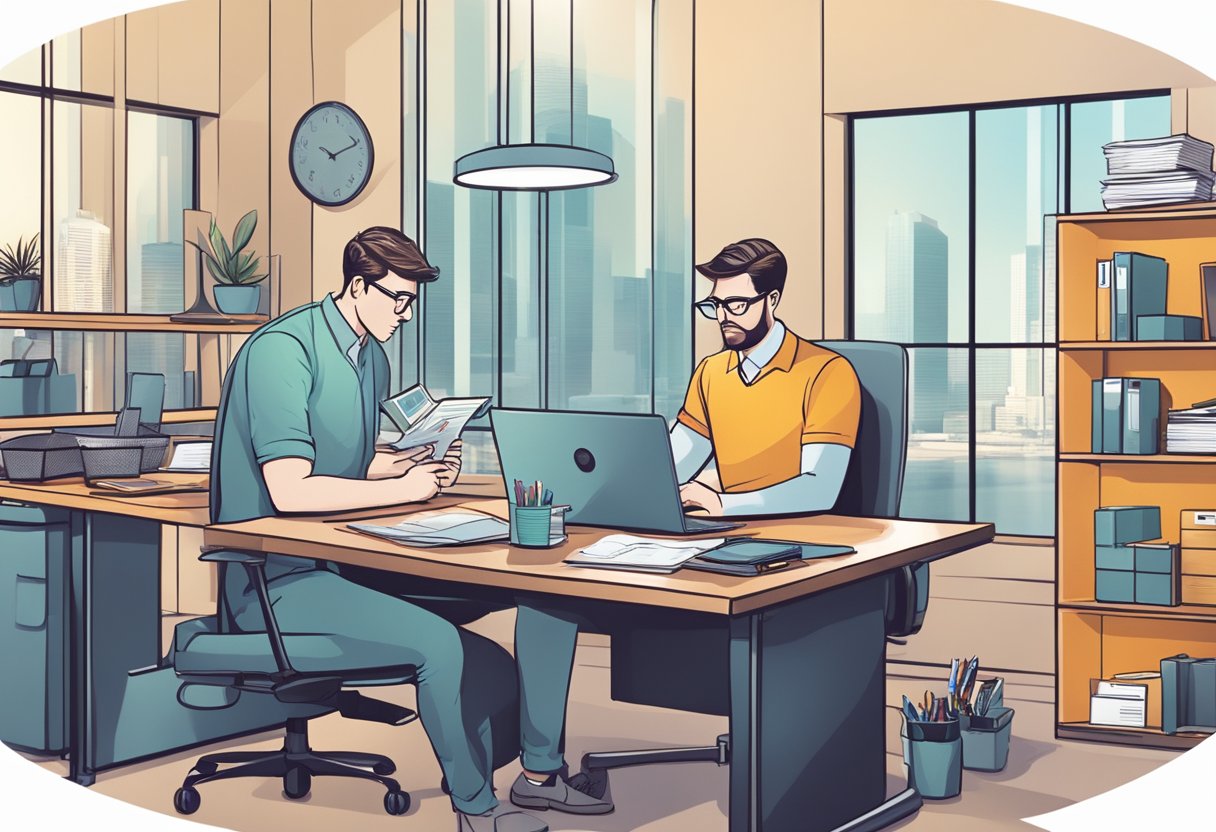 An office setting with a fintech money lender reviewing digital loan applications while considering risk factors and compliance regulations