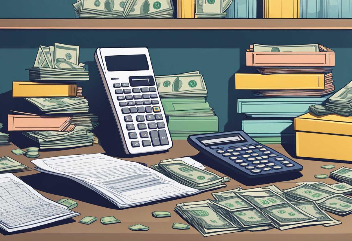 A calculator sits on a desk, surrounded by stacks of money and lending documents