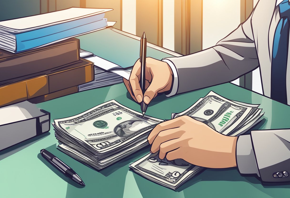 A person signing a loan agreement at a desk in a money lending office, with a stack of cash and documents on the table