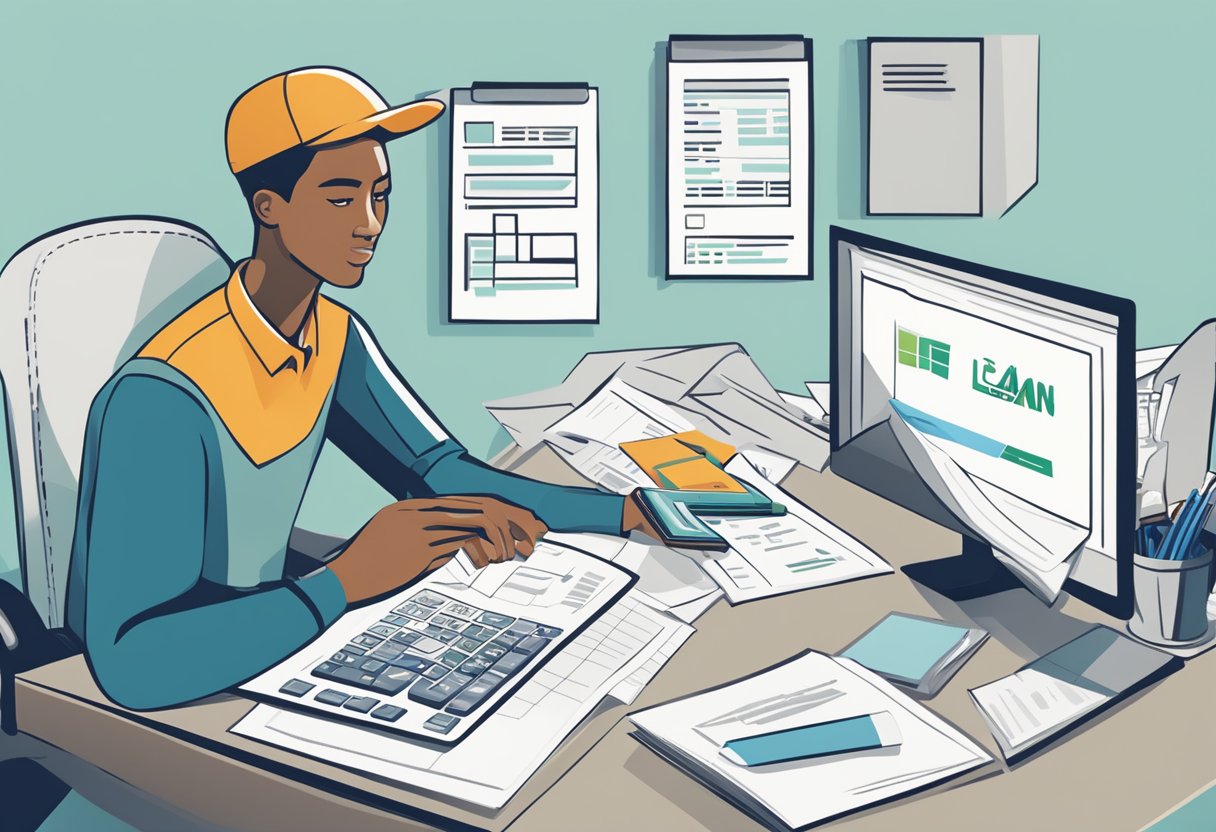 A person comparing loan terms from different lenders. Papers, computer, and calculator on the desk. One lender's logo prominent
