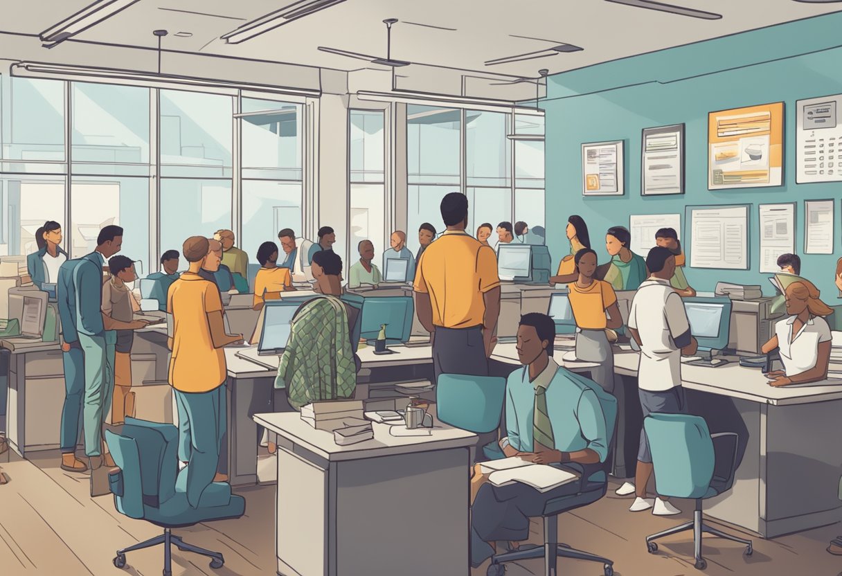 A busy office with people lining up at a counter, while others sit filling out forms. A sign above reads "Frequently Asked Questions 99 speed money lender"
