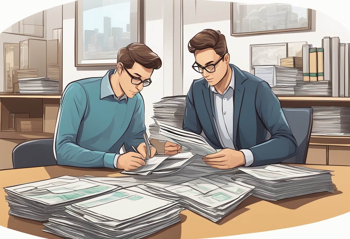 A money lender scrutinizes documents from a borrower, checking for requirements such as income verification and credit history