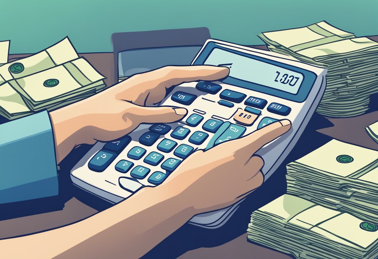 A calculator sits on a desk next to a stack of money. A person's hand reaches out to input numbers, representing the concept of understanding loans and lending