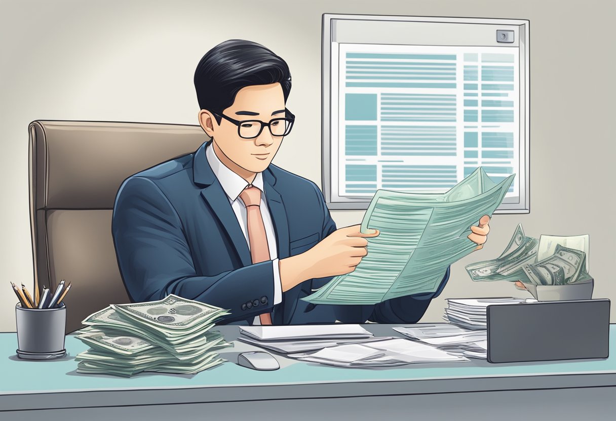 A person in a business suit, sitting at a desk with a computer, reviewing financial documents and holding a money lender license from Singapore