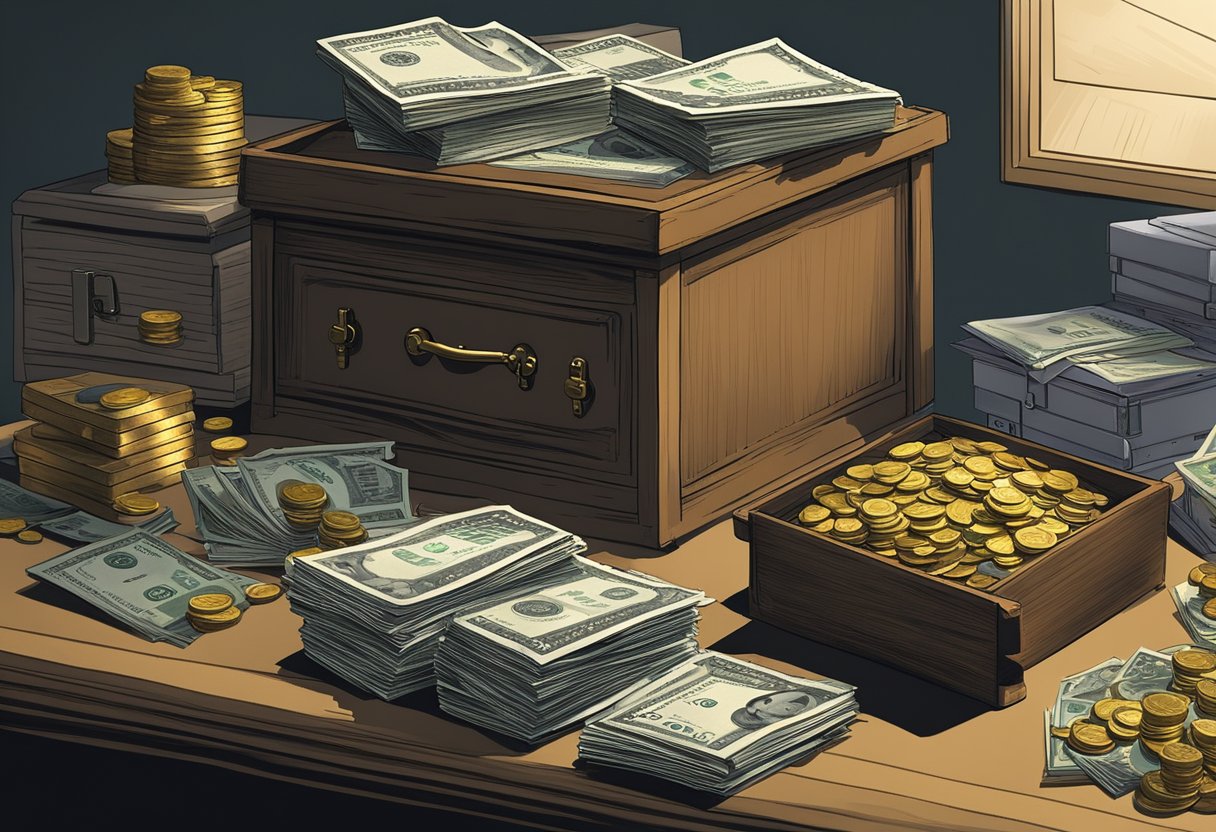 A money lender's desk cluttered with coins, bills, and ledgers. A scale sits nearby, and a locked chest holds valuables