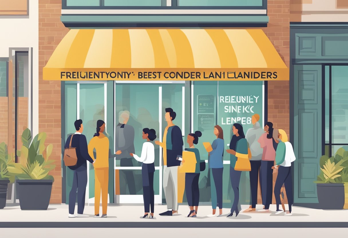 Customers line up at a modern, professional-looking storefront with a sign that reads "Frequently Asked Questions best quick money lenders."