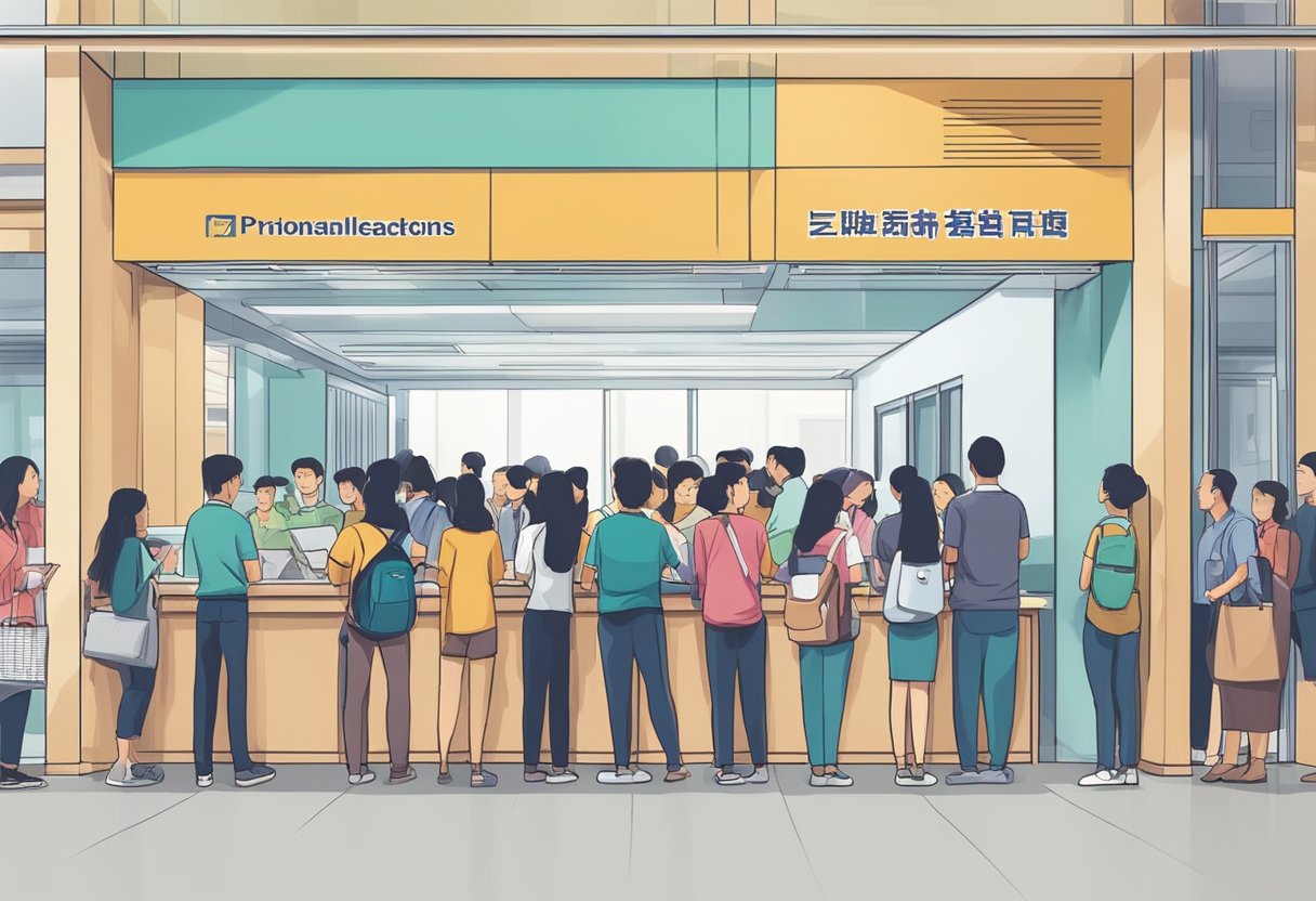 A crowded money lender office in Bedok Central, with people waiting in line and a sign displaying "Frequently Asked Questions" prominently