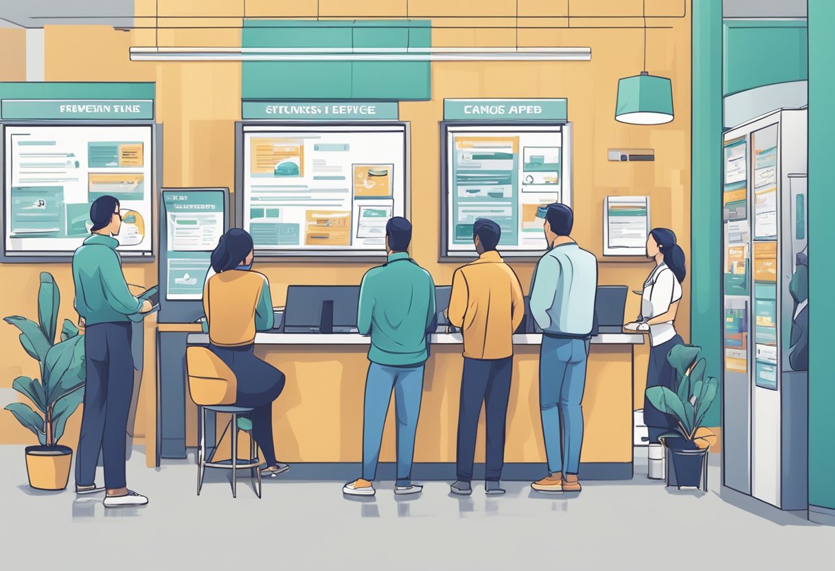 A busy fintech office with people lining up for FAQs at a money lender booth. Signs and posters highlight the services offered